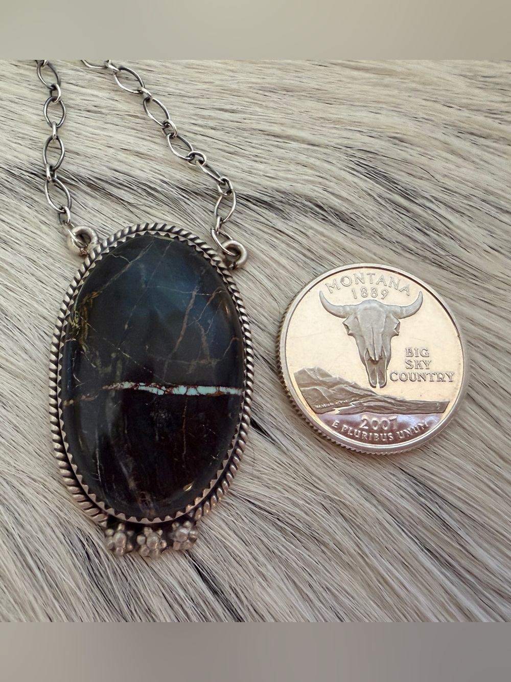 ❤️ Premium Black Jack Turquoise Lightning Brushed Sterling 925 ADJ Necklace 16g - Picture 9 of 15
